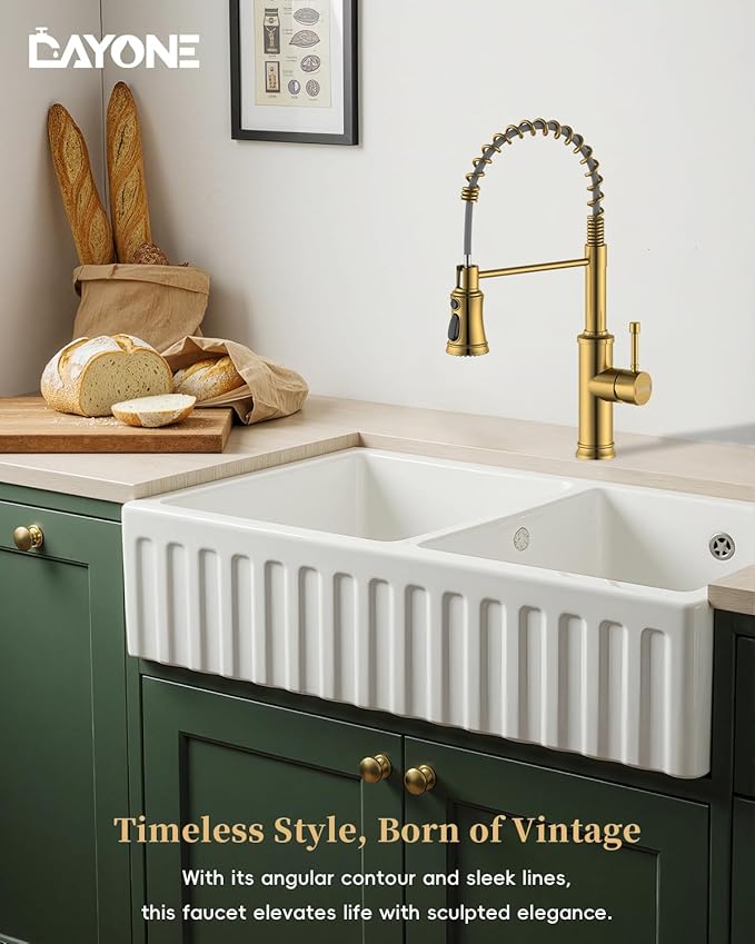 DAYONE Antique Brushed Gold Kitchen Sink Faucet with Pull Down Sprayer, 3 Modes Stainless Steel Spring Vintage Sink Faucet for Farmhouse Kitchen Bar Camper 1 or 3 Holes Single Handle