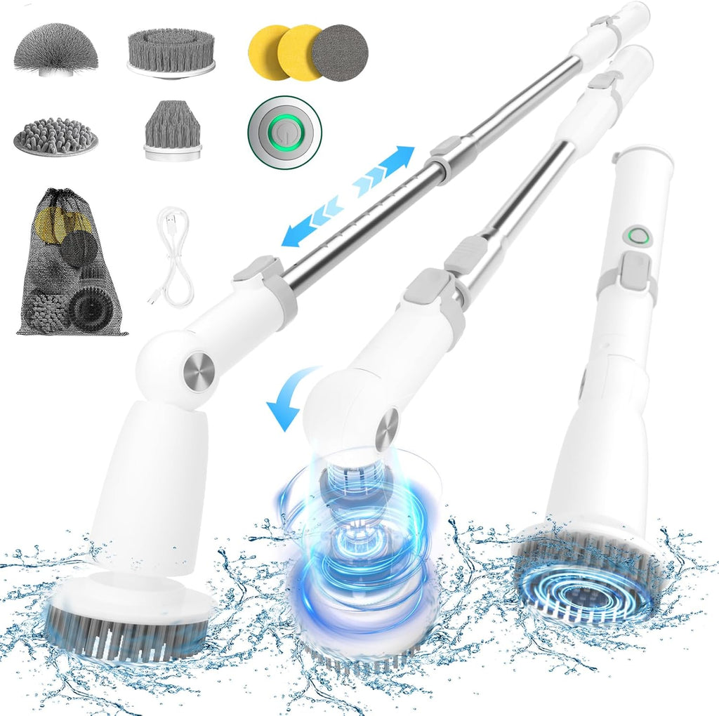 Marchpower Electric Spin Scrubber, Power Shower Scrubber Cordless Cleaning Brush 6 Replaceable Brush Heads, 2 Speeds, Adjustable Detachable Handle, IPX7 Waterproof Bathroom Scrubber Tub Tile Floor