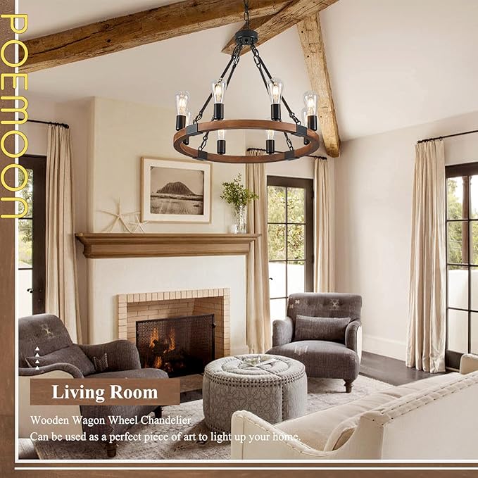 Farmhouse Wooden Wagon Wheel Chandelier 8 Lights 23.6'' Rustic Black Metal Light Fixtures Vintage Wood Round Chandelier for Living Dining Room Kitchen Entryway Foyer