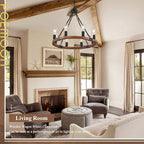 Farmhouse Wooden Wagon Wheel Chandelier 8 Lights 23.6'' Rustic Black Metal Light Fixtures Vintage Wood Round Chandelier for Living Dining Room Kitchen Entryway Foyer