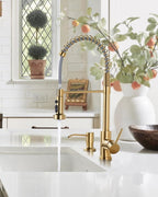 Kitchen Sink Faucet with Soap Dispenser: Brushed Gold Kitchen Faucets with Pull Down Sprayer - Stainless Steel Single Handle Kitchen Faucet with Deck Plate for Farmhouse RV Laundry