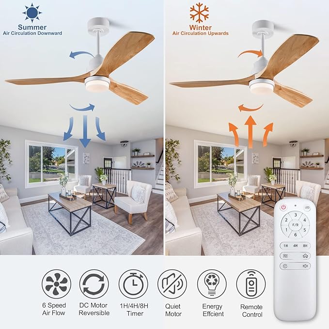 52 Inch Ceiling Fans with Light Remote Control, Wood Ceiling Fans with 3 Blade and Down Rod, 6 Speed DC Motor, Indoor Outdoor Ceiling Fan for Patio, Living Room, Bedroom, Office