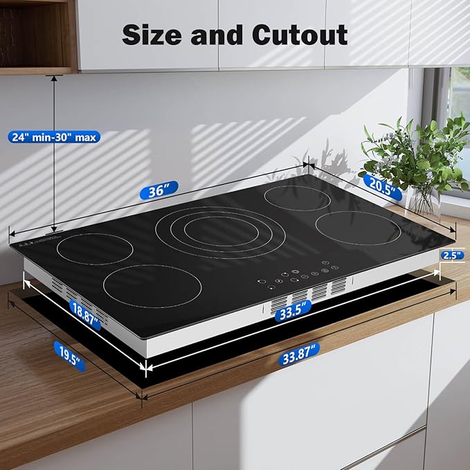 SNDOAS 36 inch Electric Cooktop,5 Burners 9000W Built-in Glass Ceramic Electric Stove Top w/Touch Control,9 Power Levels,Child Lock,Triple-Ring Zone,240V Hardwired for Kitchen Countertop 36"