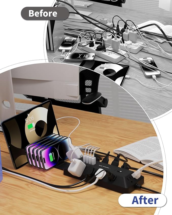 16-in-1 Surge Protector Power Strip with Multi-Function Stand, 6 Outlets with 2 USB-C (20W PD) and 2 USB-A (18W) Ports, 6FT Extension Cord for Home Office Desktop and Dorm (Black)