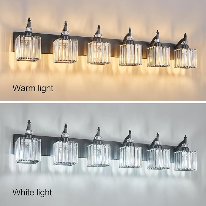 Crystal Vanity Lights - Black, 6 Light Bathroom Vanity Light with Crystal Fixture, Modern Style for Bathroom Mirror