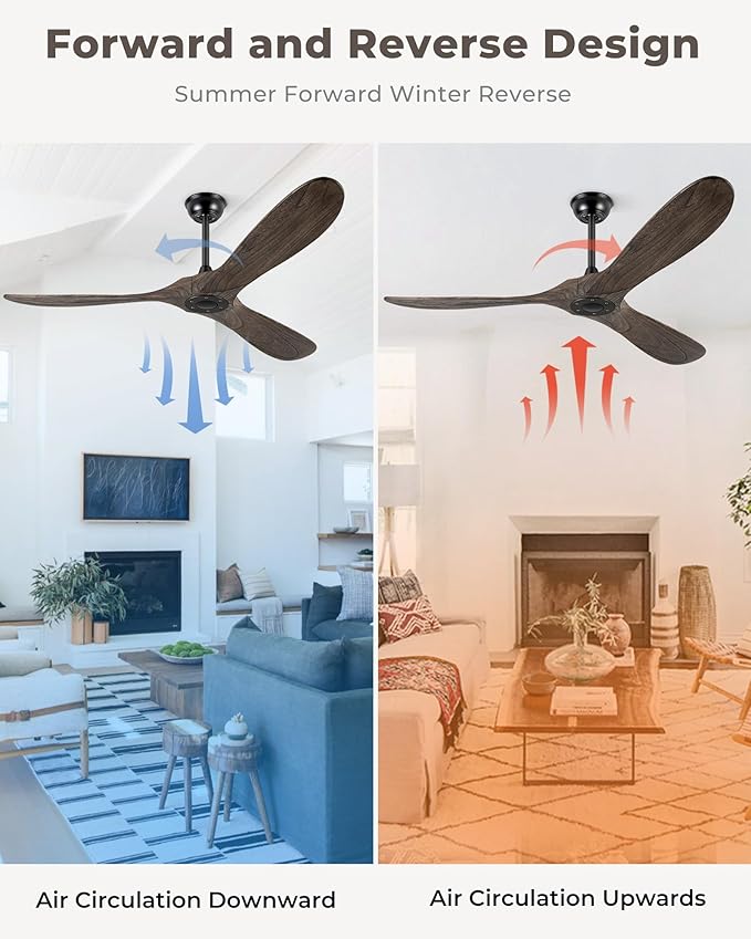 60" Ceiling Fans Without Light, Solid Wood Ceiling Fan No Light with Remote Control and DC Motor, Outdoor Ceiling Fan with 3 Blades, Outdoor fan for Patios - Deep Brown