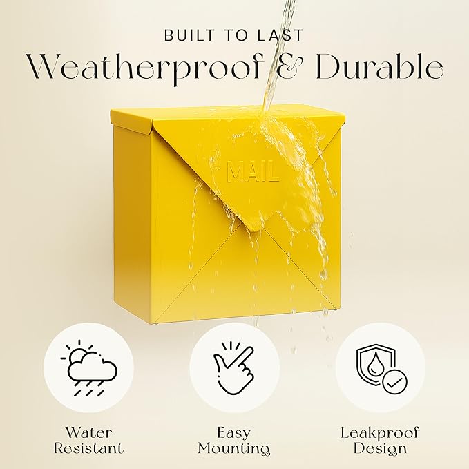 NACH Mailboxes for Outside Wall Mount, 12 x 12 x 4.8 inch Yellow Mail Boxes for House Outside, Waterproof Mailboxes for Outside - Chicago Style Mail Box