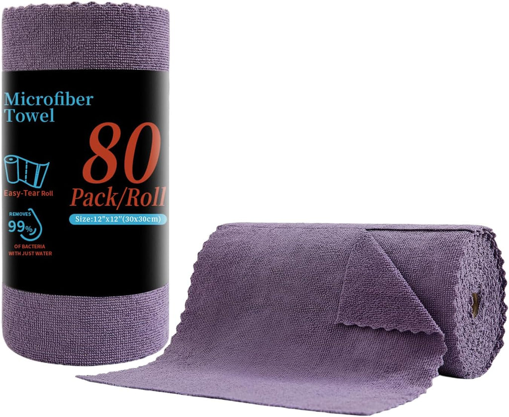 80 Pack Microfiber Cleaning Cloth Roll,Lint Free Rags & Tear Away Reusable Towels Washable Scratch,Ultra Absorbent Dish Rags(12" x 12") for Car Kitchen Home Garage-Dark Purple