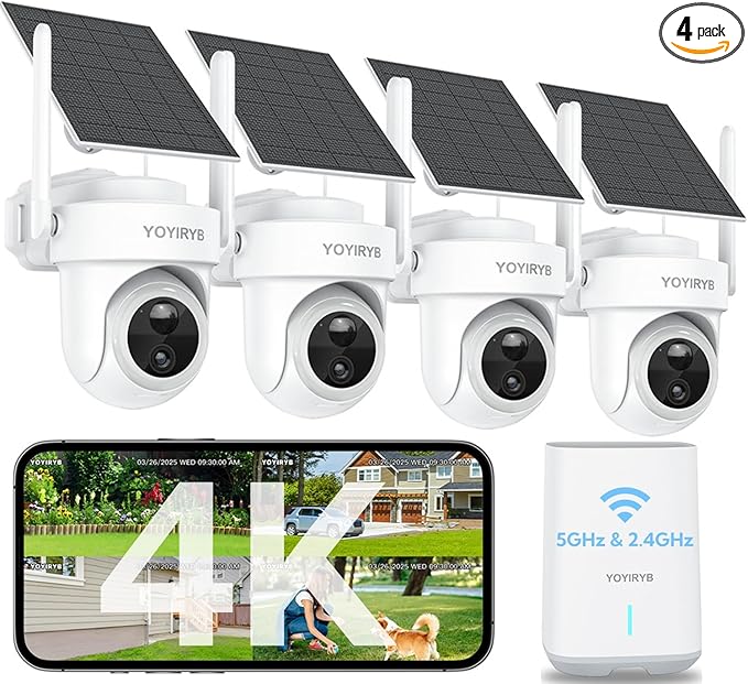 4K Security Cameras Wireless Outdoor, No Subscription, [2025 NEW] Solar-Powered Home Security Camera System with 360° Auto Tracking, Color Night Vision, 64GB Local Storage, 5G & 2.4G WiFi, Easy Setup