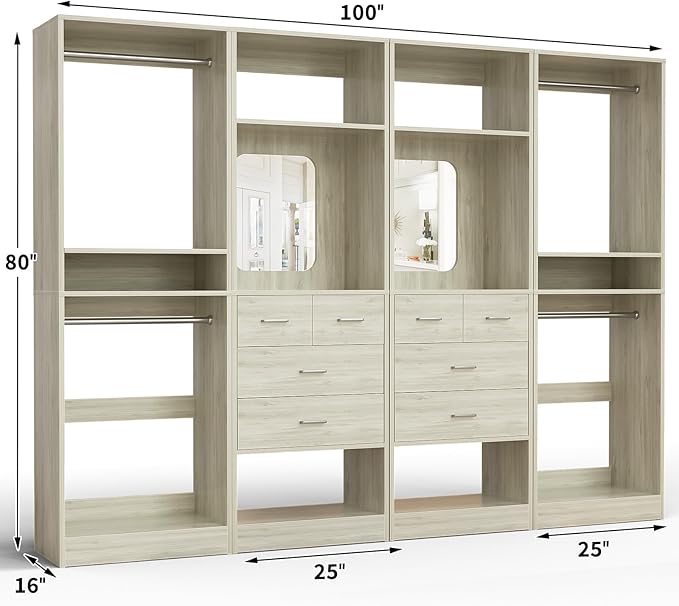 Unikito 100” Closet System with Drawers, 8.3FT Wood Closet Organizer with Hanging Rods and Mirror Design, Reversible Large Walk in Closets Tower Garment Racks with Shelves, White Oak