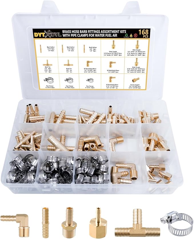 168Pcs Hose Barb Fuel Line Fittings Assortment Kit Barb Splice/Coupler/Female Adapter/Tee/90°Male Elbow Thread 1/8" 3/16" 1/4" 5/16" 3/8" 1/2" Air Hose Fitting with Pipe Clamps for Fuel