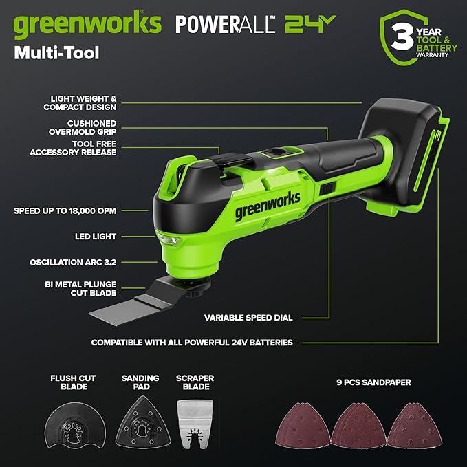 Greenworks 24V Cordless Brushless 6PCs Combo, Drill/Driver+Impact Driver+6.5" Circular Saw+Recip Saw +Oscillating Tool+Flashlight, 2.0Ah+4.0Ah Batteries (24,000mAh Power Bank) and 65W USB-C Charger