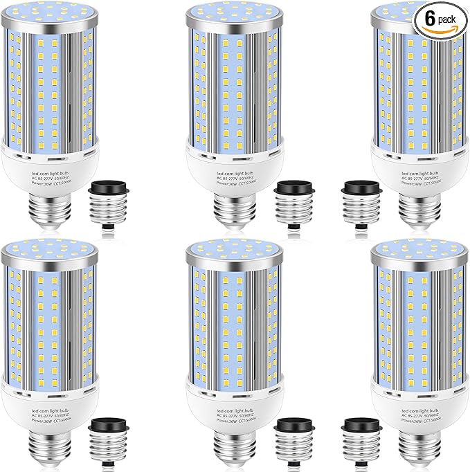 6 Pack 36W Corn LED Light Bulb,(320 Watt Equivalent)Fanless E26/E39 Medium/Large Mogul Base LED Cob Lamp 5000K Daylight 5,400LM for Outdoor Indoor Garage Warehouse Factory Workshop Street Backyard