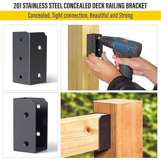 201 Stainless Steel 2" x 4" (Actually 1 ½" x 3 ½") Deck Railing Connector, for Deck Railing, Handrail, Barn and Beam end Connection Installation (36pc-Black)