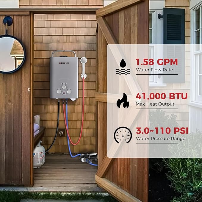 Tankless Water Heater, Camplux 1.58 GPM Propane Portable Water Heater With Pump Kit, Gray, BW158GP60