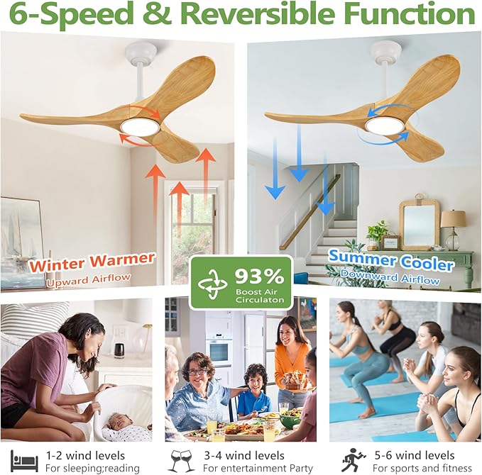 42-Inch Natural Wood Ceiling Fan with Lights, Remote Control, Dimmable, Reversible, Wood Blades, Power-Off Memory, Quiet DC Motor – Modern outdoor Ceiling Fan for Living Room, Bedroom, Patio
