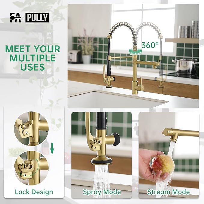Brushed Gold Kitchen Faucet with Pull Down Sprayer, Commercial Brass Kitchen Faucet Single Handle Spring Faucets for Kitchen Sink Fapully