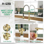 Brushed Gold Kitchen Faucet with Pull Down Sprayer, Commercial Brass Kitchen Faucet Single Handle Spring Faucets for Kitchen Sink Fapully