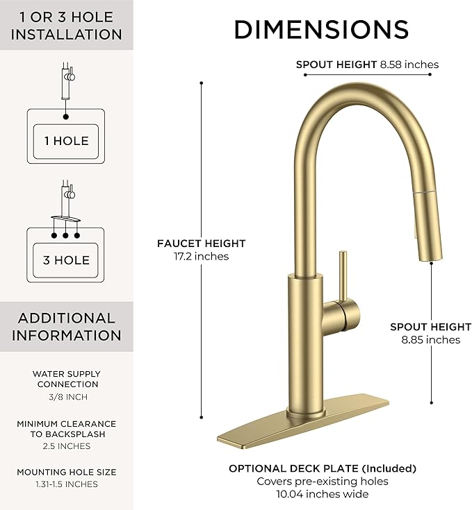 FORIOUS Kitchen Faucet with Pull Down Sprayer, Classic Brushed Gold, Single Handle High Arc Stainless Steel Kitchen Sink Faucet, 1 or 3 Hole Deck Mount for RV, Bar, Farmhouse, Laundry, Outdoor