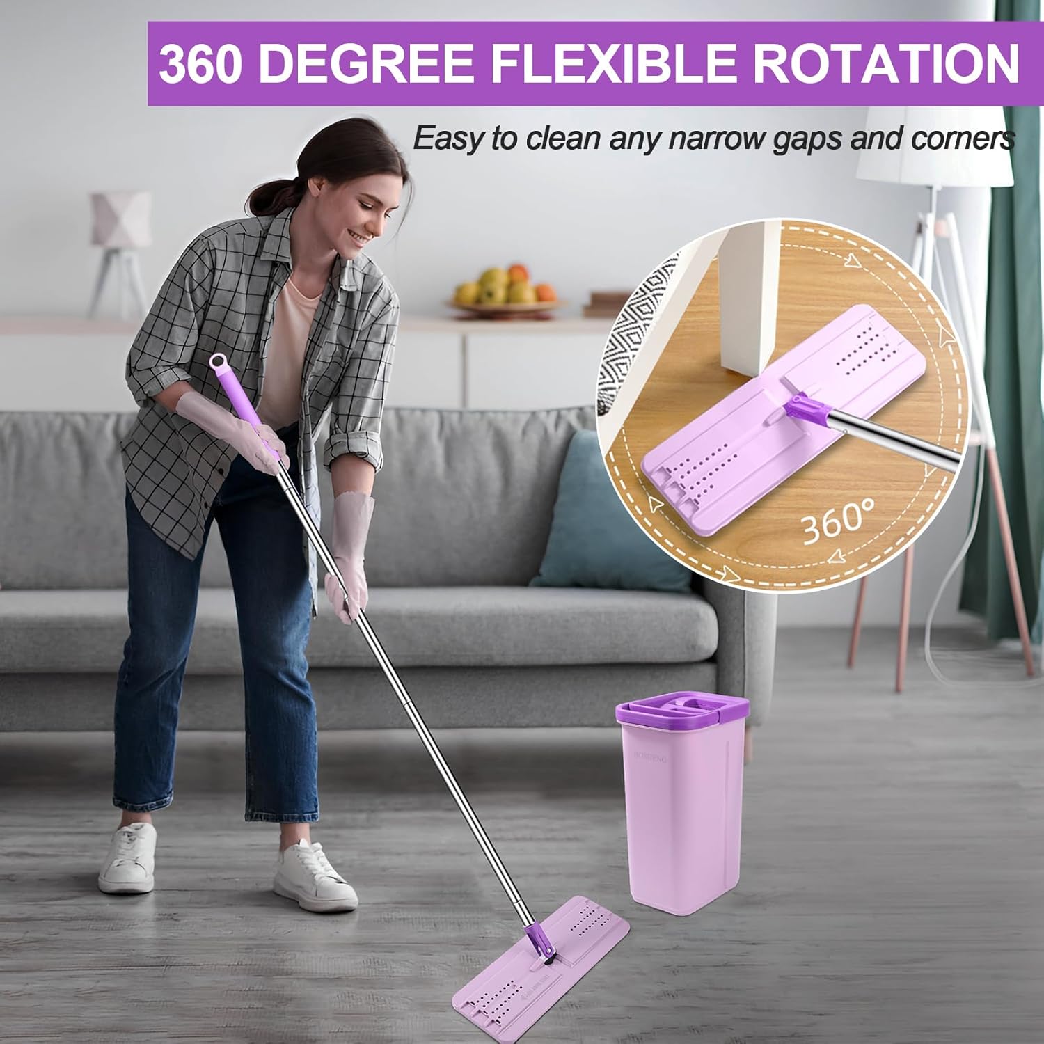 Mop and Bucket with Wringer Set, Hands Free Flat Floor Mop and Bucket, 5 Washable Microfiber Pads Included, Wet and Dry Use, Home Floor Cleaning System for All Floor Types and Windows,Purple