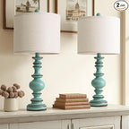 BOBOMOMO 24" Farmhouse Table Lamps Set of 2 – Distressed Teal Lamps with Linen Shades, Cottage Style Bedside Lamps for Bedroom, Living Room, or Entryway, Medium Height Lamps with Coastal Vintage Charm