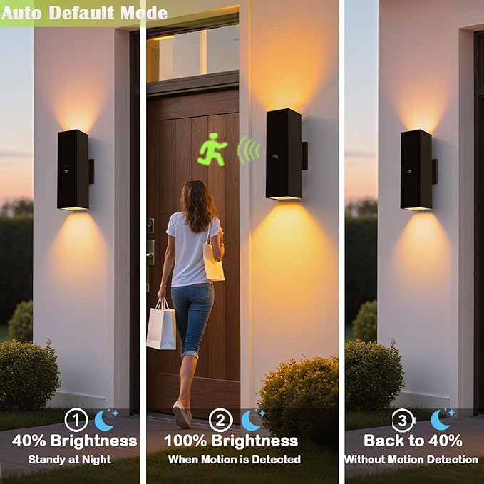 Motion Sensor Outdoor Wall Lights 2-Pack, Dusk to Dawn Exterior Light Fixtures with 3 Lighting Modes, 13'' Up Down Porch Lights with 15W LED Bulbs, Waterproof Wall Sconce for House, Patio, Garage