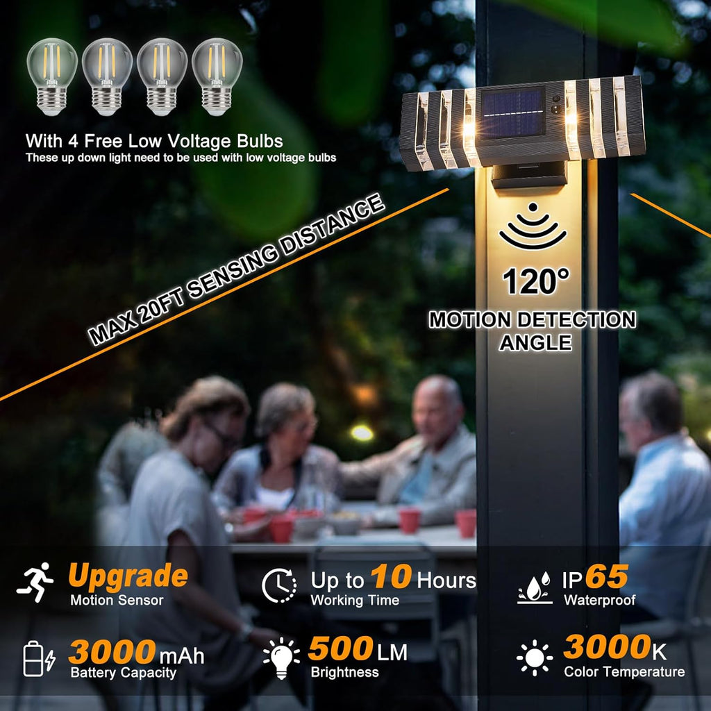 2 Pack Solar Outdoor Wall Lights with Motion Sensor 3-Mode Motion Outdoor Sconces 3000K 500LM Dusk to Dawn Solar Porch Light Fixtures Modern Up Down Exterior Wall Lamp for House Garage Front Door