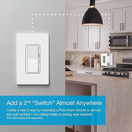 Lutron Diva Smart Dimmer Light Switch with Wallplate for Caseta Lighting (Lutron Smart Hub Required), for LED Lights, 150W, Single-Pole/3-Way, No Neutral, White (DVRFW-6L-WH-A)