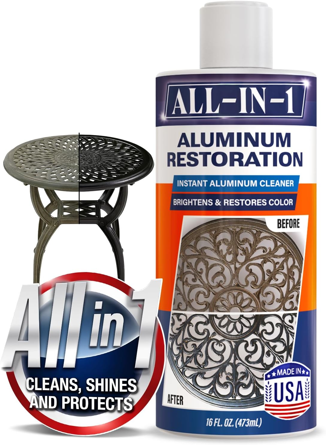 All-In-1 Aluminum Cleaner & Restoration Solution – Made in USA, Restores Faded Patio Furniture, Garage Doors, & Outdoor Fixtures, Aluminum Brightener & Restorer for All Painted Metal Surfaces, 16 OZ