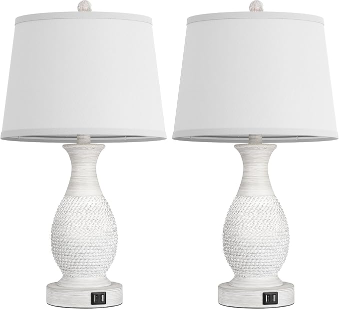 PARTPHONER Set of 2 Table Lamps with USB C+A Fast Charging Ports, 26" Tall Farmhouse Living Room Lamp with 3-Way Dimmable Nightstand Lamp White Fabric Shade for Living Room Bedroom Home Office