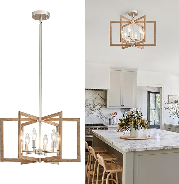Modern Farmhouse Dining Room Light Fixtures, 20'' Geometric Nickel Chandelier for Living Room Kitchen Island Entryway Bedroom, 6-Light Rustic Wood Grain Pendant Hanging Lighting