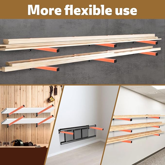 lumber storage rack, Heavy Duty Metal Lumber Storage Rack with Multi Angle Adjustment and 3-Level Wall Mount for Garage Shop Indoor Outdoor, Orange (2 PACK)