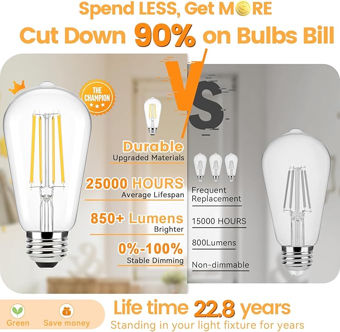 Brightever Edison Light Bulbs 60W Equivalent, Dimmable LED Light Bulbs, 7W, 850LM Vintage E26 Bulb 2700K Soft White, 90+CRI, ST58 Clear Glasses Antique Decorative Filament Bulb for House, 8 Pack
