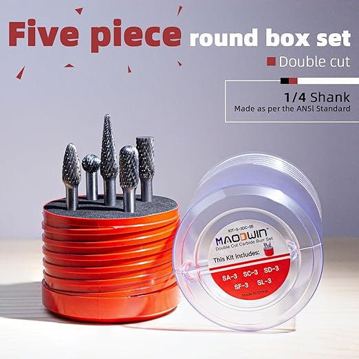 Carbide Burrs Set, 1/4" Shank Double Cut, Solid Power Tools 5PCS Spiral Rotary Files Die Grinder Bits for Metalworking Wood Cutting Carving & Deburring