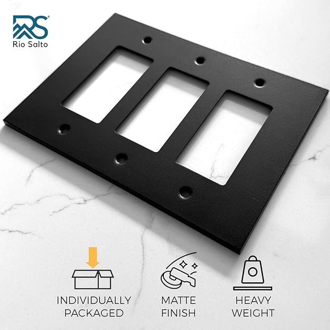 RIO SALTO Modern Metal Matte Black Triple Decorator Wall Outlet Cover Light Switch Cover Double Rocker Decora Electrical Decorator Wall Plate Electric Outlet Covers Black Receptacle - Midsize 3 Gang