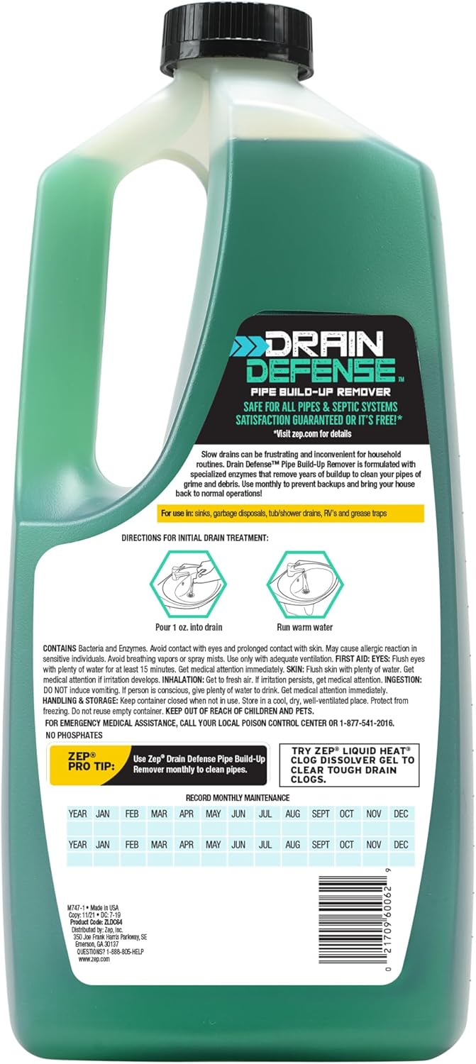 Zep Drain Defense Pipe Build-Up Remover - 64 oz (Case of 4) ZLDC64 - Professional Strength Liquid Pipe Build Up Remover