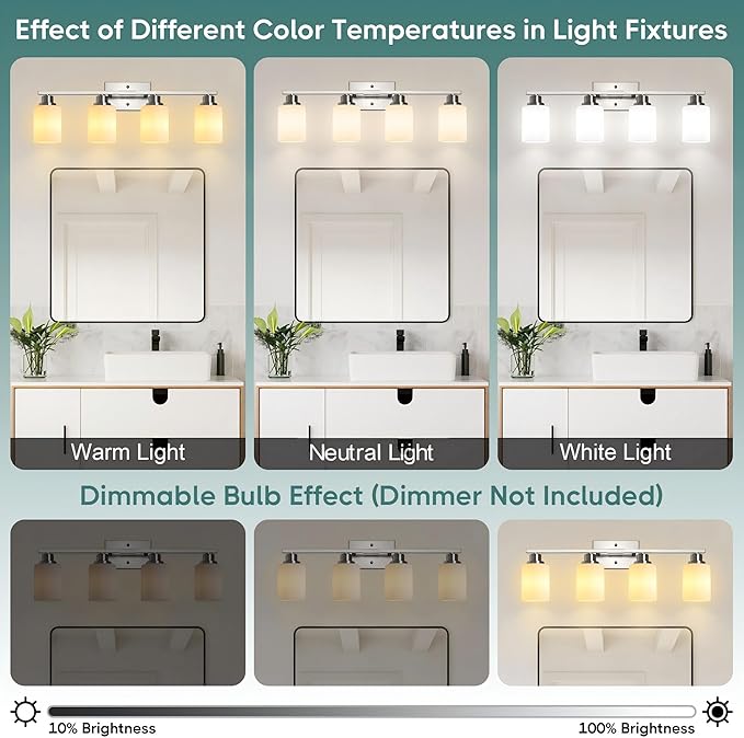 Ascher Bathroom Light Fixtures, 4-Light Vanity Light Over Mirror, Brushed Nickel Wall Sconces with Milky White Frosted Glass Shades, Wall Lamp for Living Room Bedroom, E26 Base(Bulbs Not Included)