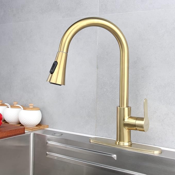 Gold Kitchen Faucet with Pull Down Sprayer Modern Stainless Steel High Arc Single Handle Kitchen Sink Faucet Brushed Gold, Commercial 1 Hole Kitchen Faucet with Deck