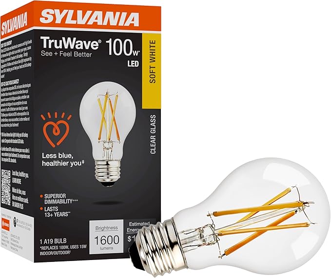 Sylvania LED TruWave Natural Series A19 Light Bulb, 100W Equivalent, Efficient 15W, 1600 Lumens, Medium Base, Dimmable, Clear, 2700K, Soft White - 1 Pack (42303)