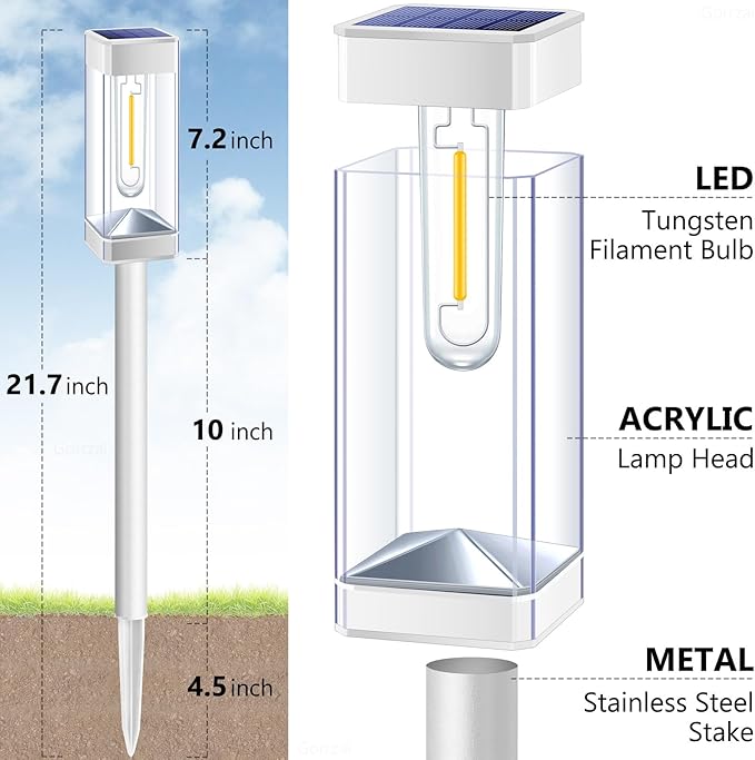 Solar Pathway Lights 8 Pack Solar Outdoor Lights with LED Tungsten Filament Bulb Waterproof Stainless Steel Garden Lighting for Outside Driveway Landscape Lawn Path Christmas (White)