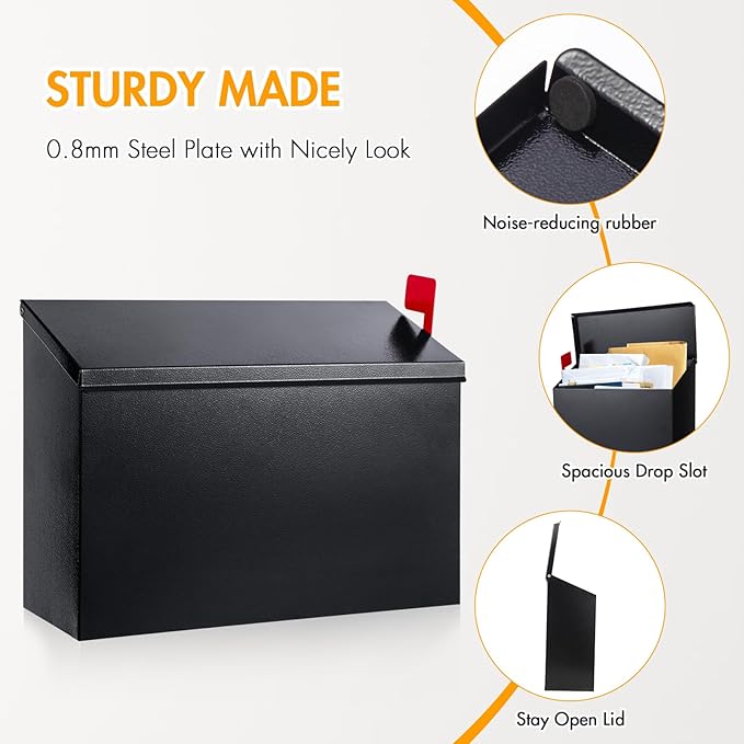 Wall Mount Mailbox for Outside with Flag, Galvanized Steel Mail Box for Post Outdoor, Large Capacity Rust-Proof Metal Postbox for House and Office, with 3 Sets Mailbox Numbers, 14.2"x9.5"x4" Black