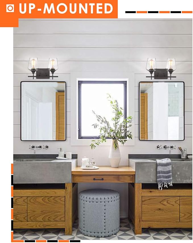 Oil Rubbed Bronze Bathroom Light Fixture, 2 Lights Bathroom Vanity Lights Over Mirror with Clear Glass, Farmhouse Bath Wall Sconce Light, WL9167-2A