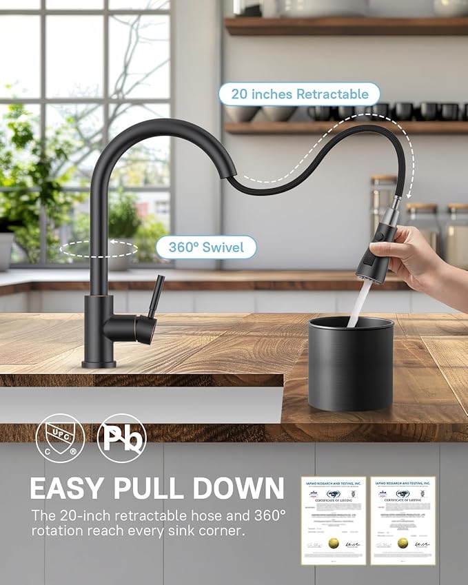 WEWE Kitchen Faucets with Pull Down Sprayer, Stainless Steel Single Handle 1 Hole for Family Kitchen Commercial Camper Laundry Rv Bar, Oil Rubbed Bronze