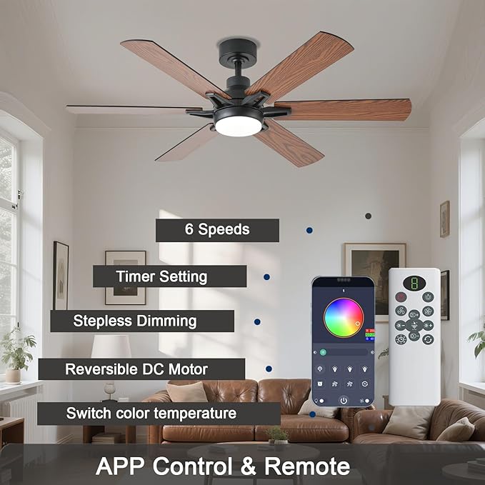 52in Ceiling Fans with Lights RGB Ceiling Fan with Light and Remote/APP Control,Low Profile Ceiling Fans with Lights for Bedroom,Living Room,Kids Room,3CCT Dimmable Modern Ceiling Fan, 8 Speeds,Brown