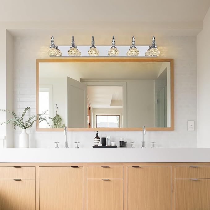 Modern Glass Crystal Vanity Light - Vintage Bathroom Lighting Fixtures Over Mirror, 6 Light Vanity Lights G9 Bulb (43.3 Inch, Chrome)