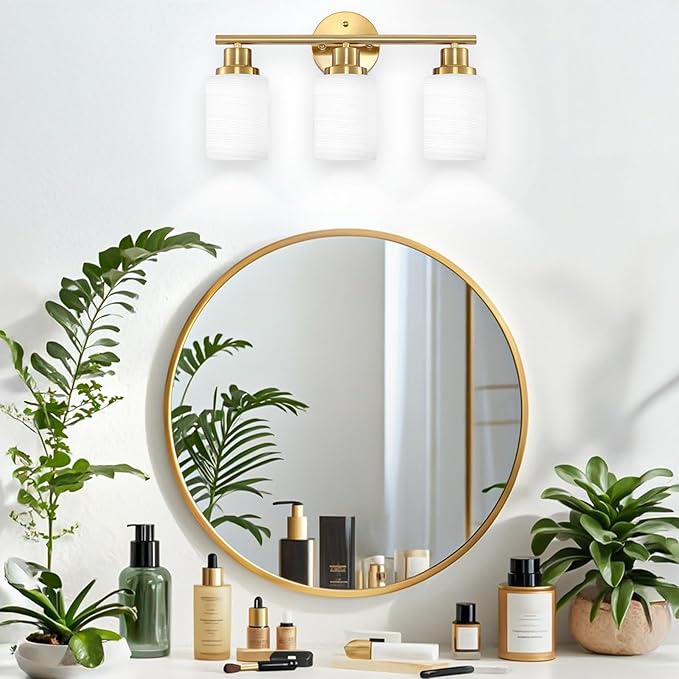 3-Light Bathroom Light Fixtures, Vanity Lights for Mirror with Textured Milky White Glass Shade, Modern Kitchen Light Fixtures Wall Sconce Light - E26 Base - Brushed Gold