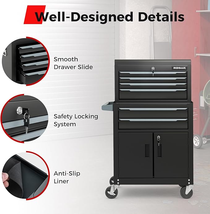 Goplus Tool Chest, 6 Drawers Extra Large Rolling Too Storage Cabinet with 4” Universal Lockable Wheels, Auto Lock, Protective Liner, 2-in-1 Heavy Duty Tool Box for Garage, Workshop