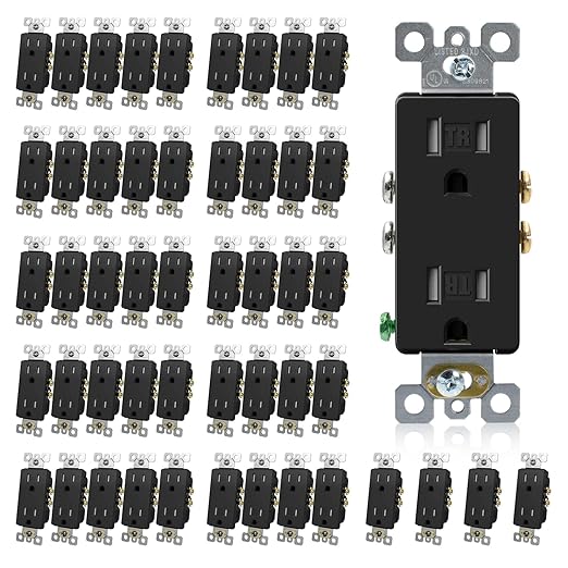 ELEGRP Decorator Wall Receptacle Outlet, Tamper Resistant 15 Amp Standard Electrical Wall Outlet, Residential Grade, Self-grounding, 125V, 2 Pole 3 Wire, 5-15R, UL Listed, Glossy Black, 50 Pack