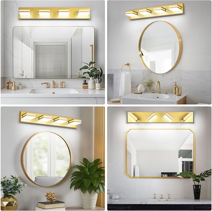 Modern LED Bathroom Lights Fixtures(4-Light),Metal Gold Acrylic Wall Lighting,Vanity Lights for Bathroom Over Mirror(6000k 27In