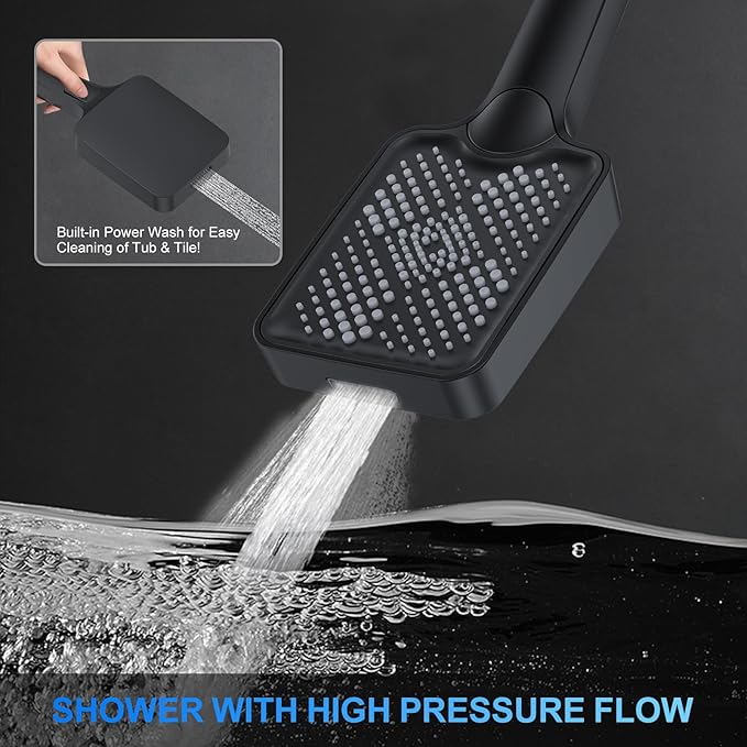 Shower Faucet Set, 10" Ceiling Mount Rainfall Shower System with 10'' Top Head+6'' Side Head and Multi-function Handheld Head Push Button Diverter Shower Faucet Trim Kit Matte Black